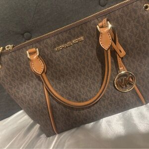 Michael Kors Brown MK Signature Satchel with Tan Trim